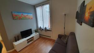 uma sala de estar com um sofá e uma televisão de ecrã plano em Lake House - Milano 3 em Basiglio