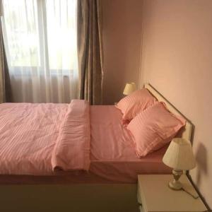 uma cama com lençóis e almofadas cor-de-rosa ao lado de uma janela em Pensiunea Oana ☆☆☆ em Şoimuş