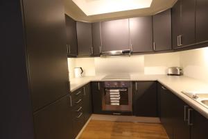 a kitchen with black cabinets and a stove at OSLO CITY CENTER 3 BEDROOMS APARTMENT, MANDALLS GATE 12 in Oslo