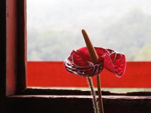 a red flower sitting on a window sill at Reserva La Rivera in Salento