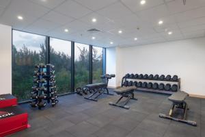 a gym with several treadmills and a large window at Carinae Danang Hotel in Danang