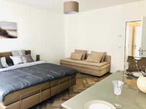 a bedroom with a bed and a couch and a table at City Center Apartments Düsseldorf in Düsseldorf
