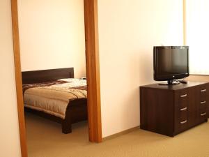 a bedroom with a bed and a television on a dresser at Pokoje Gościnne WSAP in Ostrołęka