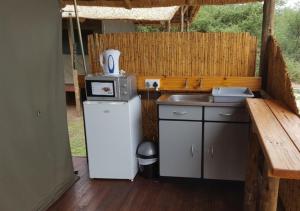 a kitchen with a refrigerator and a microwave at Mwandi View in Kavimba
