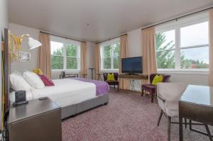 1 dormitorio con 1 cama, escritorio y TV en The Dundee - A Trace Hotel, en Dundee