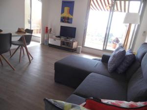 sala de estar con sofá y mesa con TV en La Madonette, en Niza
