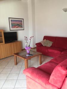 Sala de estar con 2 sofás rojos y mesa de centro en Agriturismo Monica, en Ronzo Chienis