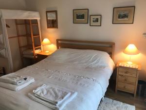 a bedroom with a bed with two lamps and a mirror at The Old Coach House in Pen-pergwm