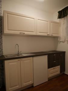 a kitchen with white cabinets and a sink at Jolie Place Old Town in Timişoara