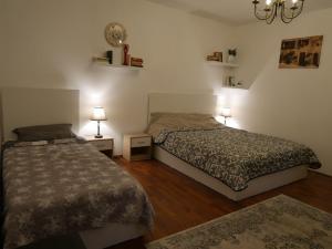 1 Schlafzimmer mit 2 Betten, 2 Lampen und einem Teppich in der Unterkunft Jolie Place Old Town in Timişoara