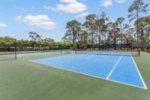 a tennis court with a blue tennis court at Sans Souci in Naples
