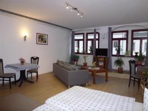 ein Wohnzimmer mit einem Sofa und einem Tisch in der Unterkunft Pension Bergmann-Welp in Freiberg