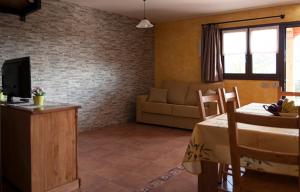 ein Wohnzimmer mit einem Bett, einem Sofa und einem TV in der Unterkunft Apartamentos Vega Rodiles el llagar in Villaviciosa