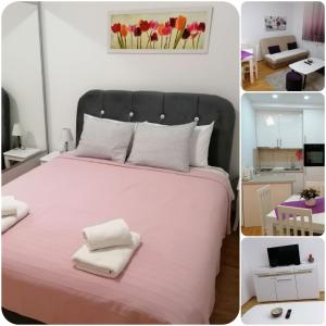 a bedroom with a large bed with pink sheets and flowers at Apartment Kraljica in Banja Koviljača