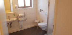 a white bathroom with a toilet and a sink at Gästehaus Am Hothertor in Görlitz +19 photos