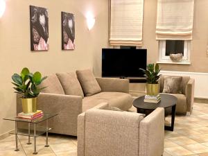 a living room with a couch and a tv at Hotel Arena Rooms - Berlin Mitte in Berlin