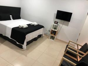 a bedroom with a bed and a television and a chair at ALIWE ( A 300 metros del Aeropuerto El Palomar) in El Palomar