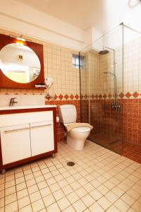a bathroom with a toilet and a shower and a sink at Hotel Grand Nefeli in Vasiliki