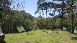 a grass field with trees and a park with a bench at Gran Camping Cabanas da Fazenda in Visconde De Maua