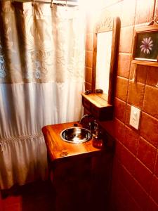 a bathroom with a sink and a shower curtain at Cabaña de Montaña in San Carlos de Bariloche