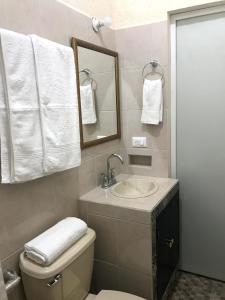 a bathroom with a sink and a toilet and a mirror at Estancia Buen Dia in Ciudad Valles