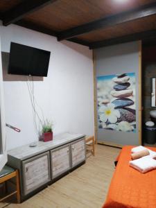 Habitación con TV en la pared y cama en Casa rural la cruz en Agüimes