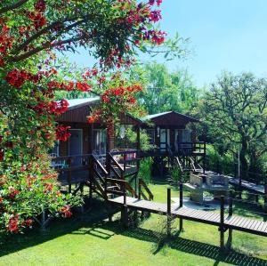 un complejo con bancos y un árbol con flores rojas en Cabañas María Julia Tigre en Tigre