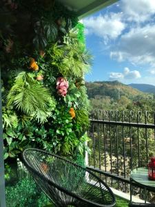 una sedia seduta su un balcone con una pianta di The courtyard khaoyai by Tom a Mu Si Altre 4 foto