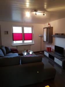 a living room with a couch and two windows at Apartment nahe Erfurt in Gebesee