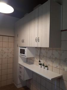 eine Küche mit weißen Schränken und einer Mikrowelle in der Unterkunft La Zamarriega in Segovia