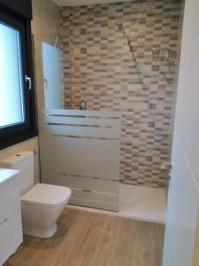 a bathroom with a toilet and a glass shower at Carballos Altos-Apartamentos Turísticos in Arzúa