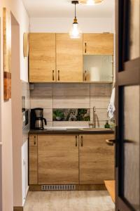 a kitchen with wooden cabinets and a sink at Studio Aries Postavarului in Braşov