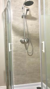 a shower with a shower head in a bathroom at Beechwood Garden Suite in Newtownabbey