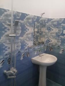 a bathroom with a sink and a mural of dolphins at Aroma Guest House in Mirissa