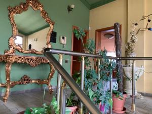 una escalera con espejo y algunas plantas en Tirana Apartment B&B en Tirana