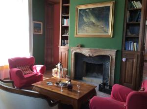 sala de estar con chimenea, mesa y sillas en Bed&Box, en Gassino Torinese