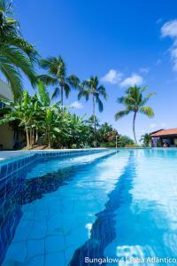 una piscina con palmeras al fondo en Pipa Atlântico Bungalow 41, en Pipa