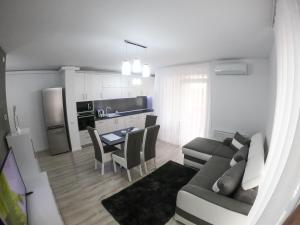 オラデアにあるCentral modern residence in Oradeaのソファとテーブルのあるリビングルームとキッチン