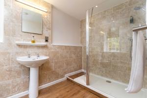 a bathroom with a sink and a shower at Crown Lodge in Harlech +49 photos
