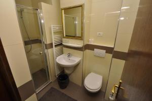 a bathroom with a toilet and a sink and a shower at Hotel Cerbul in Statiunea Borsa