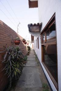 um beco estreito com vasos de plantas ao lado de um edifício em Family House em Lima