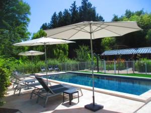 a swimming pool with two umbrellas and two chairs and a pool at Hotel La Diligence in La Ferté-Saint-Cyr