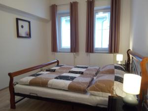 ein Schlafzimmer mit einem Bett und zwei Fenstern in der Unterkunft Apartmán U Dubu in Jablonné nad Orlicí