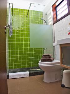 y baño de azulejos verdes con aseo y ducha. en ChuChubi Studio Apartment Bonaire, en Kralendijk