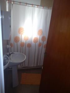 a bathroom with a shower curtain with dandelions on it at Departamento los sunchos in Sunchales