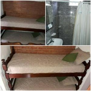 un collage de tres fotos de una cama en una habitación en Mini Complejo Familiar Roque en Mina Clavero