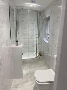 La salle de bains blanche est pourvue d'une douche et de toilettes. dans l'établissement Brownlows Inn Rooms formerly Riley's Rooms, à Liverpool
