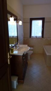 uma casa de banho com um lavatório, um WC e um espelho. em Casale di Burano em Onano