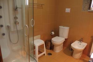 a bathroom with a toilet and a shower and a sink at Casa da Carriça - Serra da Estrela in Guarda