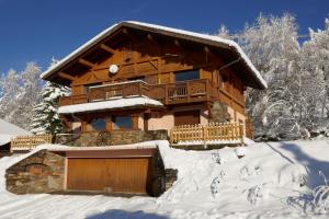 una cabaña de madera en la nieve con garaje en Les Saisies coté Légette appartement dans chalet LE NEPAL, en Les Saisies